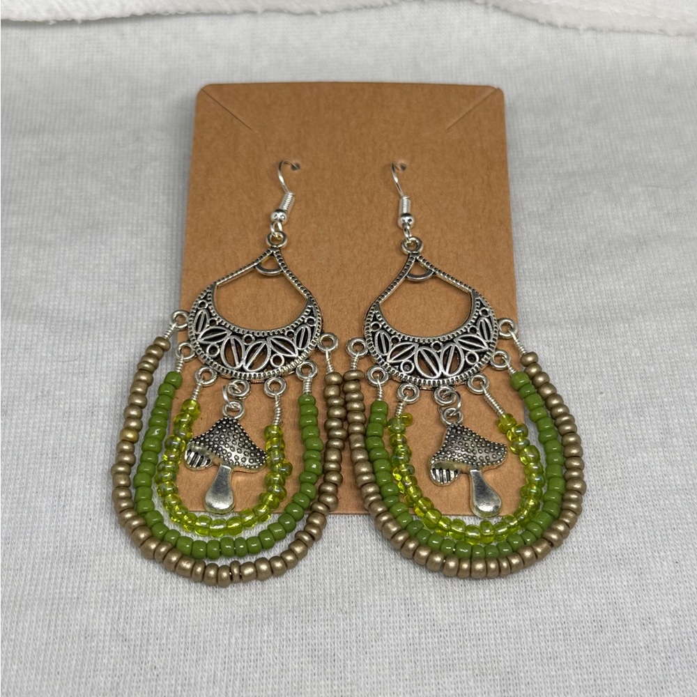 Bohemian Silver and Green Beaded Earrings
